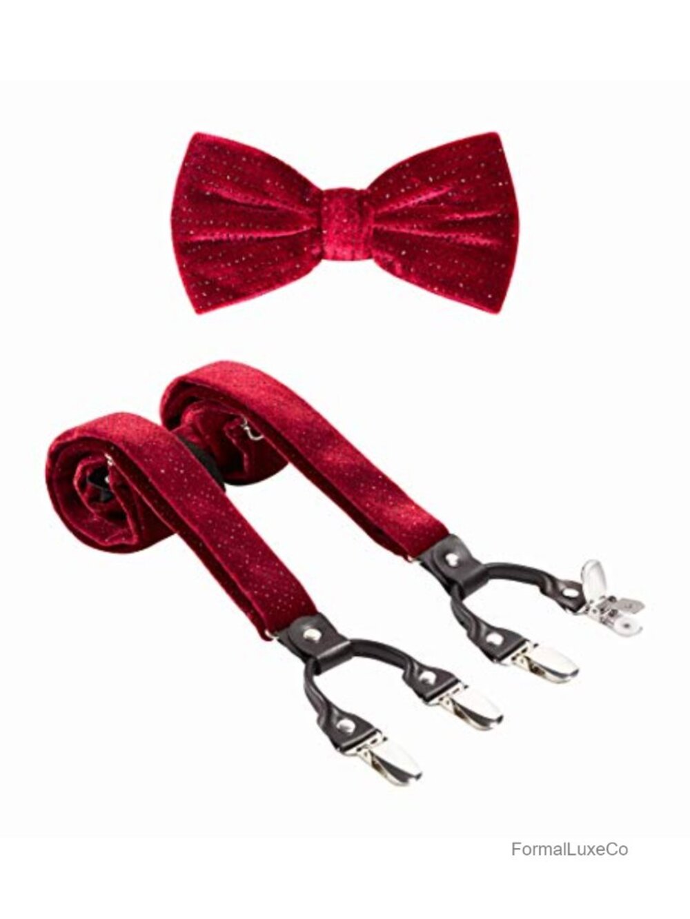 Men's Glitter Velvet Suspender & Bow Tie Set Adjustable 6 Clips Wedding Party